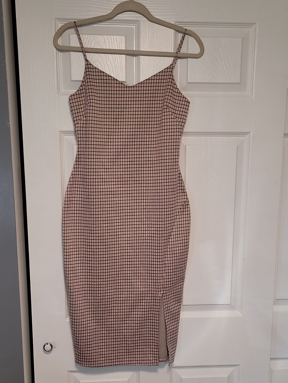 5 For $25"Checked Spaghetti-Strap Midi Dress in Beige and Brown